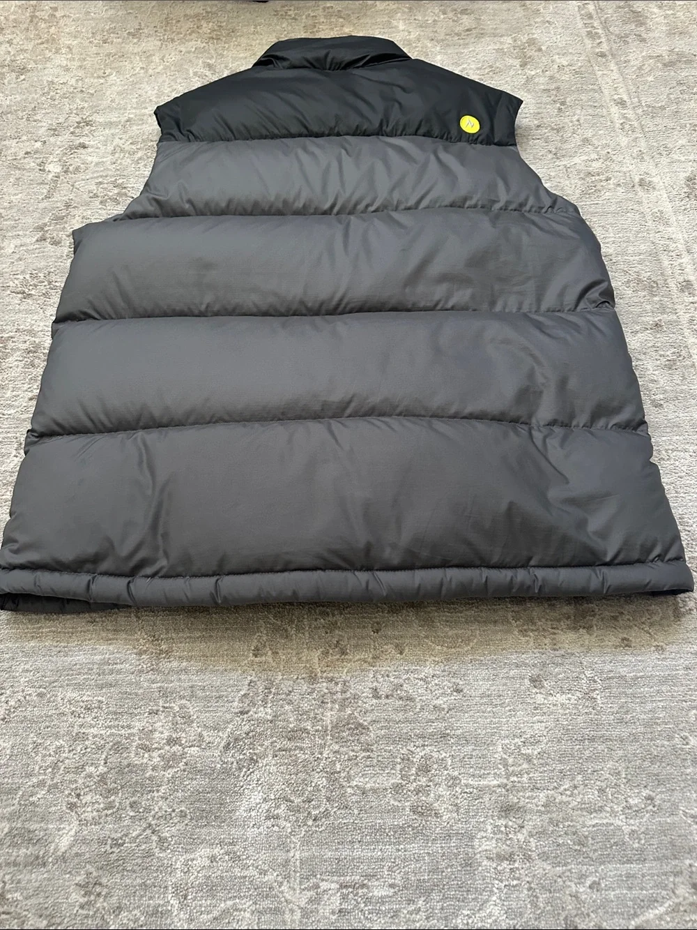 Marmot Men’s Large Gray and Yellow Puffy Down Vest. 700-fill.